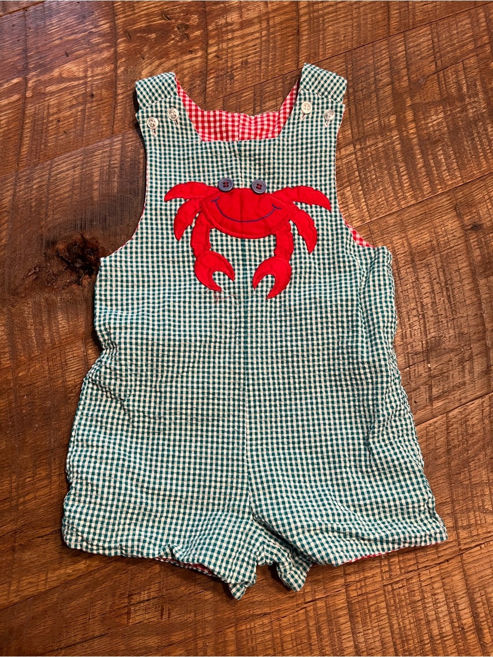 The Bailey Boys Reversible Gingham Crab Applique Kids Shortall
